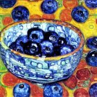 Vibrant painting of blueberries in a bowl on yellow floral backdrop