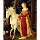 Medieval-style illustration of lady in golden armor with unicorn and starry sky