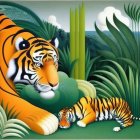 Adult tiger and cub in lush green foliage scene