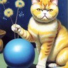 Illustrated orange and white striped cat with yellow eyes tapping a blue pendulum ball next to white flowers