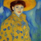 Red-haired woman in yellow hat and floral coat on Van Gogh-style background