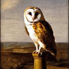 Barn owl perched on golden post in twilight landscape