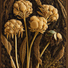 Intricate Golden Botanical Relief on Black Background