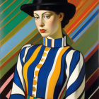 Stylized woman in striped dress and hat on colorful background