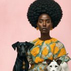 Woman with large afro and floral outfit with two dogs