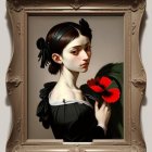 Woman in Dark Dress with Red Flower in Ornate Golden Frame