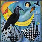 Surreal crow and celestial objects in vibrant artwork