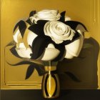 Golden Vase with White and Black Floral Art on Gold Background