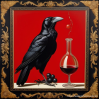 Realistic black crow, hourglass, and potion bottle painting in ornate golden frame on red background