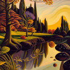 Surreal landscape with stylized trees, reflective water, bird, and sun casting long shadows