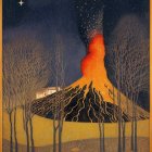 Vivid painting of night-time volcanic eruption with starry sky and silhouetted trees