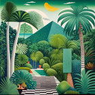 Illustration of dense tropical jungle with checkerboard path & lush green foliage.