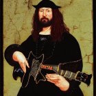 Bearded man in historical attire playing electric guitar art fusion