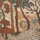 Colorful Stylized Forest Scene with Intricate Patterns of Trees and Foliage