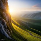 Scenic landscape: golden fields, lone tree, hills, and rock formations at sunrise or sunset