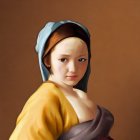 Classical portrait of a contemplative woman in yellow garment with blue ribbon