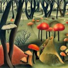 Vibrant red-capped mushrooms in stylized forest scene