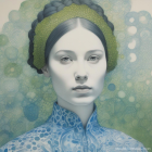 Portrait of woman with blue skin & intricate patterns, set against stylized green & blue foliage.