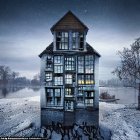 Futuristic glass and steel building in snowy landscape with bird and cloudy sky