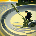 Art Deco style poster featuring man with large rifle, train, and conductor against orange sky