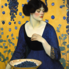 Pensive woman in blue dress with needle and thread amid yellow flowers