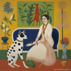 Traditional Attire Woman with Dalmatian on Bench in Vibrant Setting