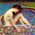 Auburn-Haired Woman Sitting by Vibrant Mosaic Pool