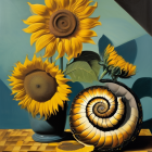 Surreal painting featuring nautilus shell and vibrant flowers