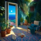 Vibrant Artwork: Open door to moonlit sea balcony