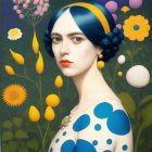 Porcelain-skinned woman in polka-dot dress with blue-black hair on floral backdrop