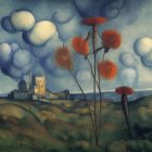 Surrealist painting: Whimsical dandelion-like flowers in a sky of cumulus clouds