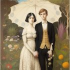 Stylized illustration of couple under ornate umbrella amidst lush floral backdrop