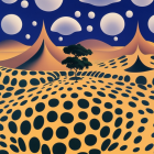 Surreal landscape with polka-dotted hills, stylized trees, and pointed mountains under a