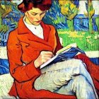 Stylized image of woman in red coat reading book with yellow flowers.