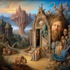 Surreal painting with animals, fantastical building, and rock formations