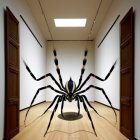 Surreal art installation: central vase, spider-like legs, framed portraits