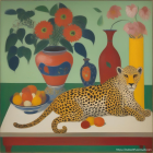 Leopard painting with vases, flowers, pastries, and tropical backdrop