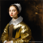 Historical woman portrait with pearl hairnet and gold satin dress