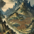 Mountainous Landscape Painting with River at Sunset