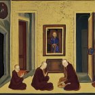 Monks in Maroon Robes Venerating Serene Figure in Ornate Room