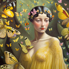 Woman with Butterfly-Adorned Hair Surrounded by Butterflies and Green Foliage