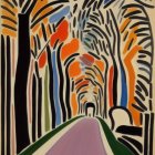 Colorful Abstract Trees Painting on Road with Car