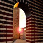 European-style city square archway under crescent moon at vibrant sunset.