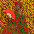 Illustrated Woman in Traditional Attire Holding Pink Flowers on Gold Background