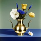 Golden vase with white rose, hibiscus, and blue flowers on blue surface against teal background