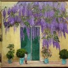 Person sitting by green door surrounded by potted trees and purple wisteria on yellow building with shutter