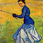 Woman in vintage blue dress with fencing foil in Van Gogh-style painted field