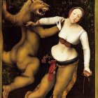 Medieval woman with two wolves in a painting