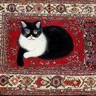 Black and white cat with unique facial markings on red ornate rug