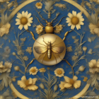 Symmetrical golden bees and daisies on blue background